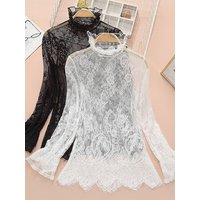Ruffle Sleeve Lace Base Layer Top Women's Fashion Korean Style Hollow out Long Sleeve Mesh Shirt Trendy Inner Wear Autumn Winter