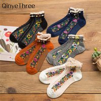 New Ethnic Style Rose Curly Lace Cotton Twist Cute Fresh Retro Lolita Palace Floral Pearl Ankle Socks Christmas Gift Dropship