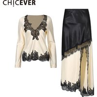 CHICEVER Solid Spliced Lace Two Piece Set Female V Neck Long Sleeve Shirt Elegant Intellectual Women's Skirt Sets Autumn Fashion