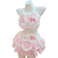 Japan Kawaii Lolita Style Women Sweet Bow HelloKitty Print Short Sleeve T-shirt Cute Cake Mini Skirts Harajuku Y2k Skirt Suit