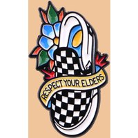 RESPECT YOUR ELDERS Quotes Enamel Pin Retro Checker Shoes Brooch Lapel Pin Badge on Backpack Clothing Accessories Jewelry Gifts
