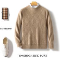 Round Neck Wool Sweater Men's Autumn and Winter Jacquard Thick Knit Sweater Loose Casual 100% Wool Top