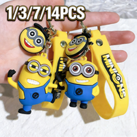1/3/7/14PCS New Popular Anime Minions Keychain Cartoon PVC Children Toy Gift Cute Key Ring School Bag Pendant Car Key Chain