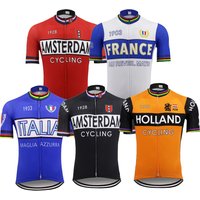 Retro Cycling Jersey Men Short Sleeve Team Bike Jersey Red Black Blue Orange White Cycling Clothing MTB