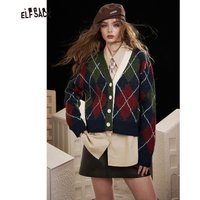 ELFSACK 2025 V Neck Cardigan Women, Loose Preppy Wool Blend Sweater, Y2K Diamond Pattern Open Front Knit Top