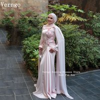 Verngo Pink Chiffon Appliques Evening Dress O Neck Full Sleeves Mermaid Pleated Party Dresses Women Modest Prom Gown Customized image 4