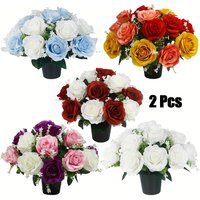 2 Pcs Purple Lilac Roses Silk Cemetery Ornaments in Pot for Outdoor Decorations Garden Statue Home Decor Artificial Flowers