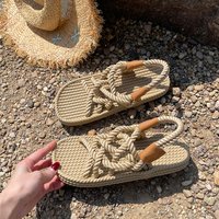 Roman Beach Sandals Women's New Summer Handmade Hemp Rope Woven Versatile Outside Wear Flat Straw Sandals