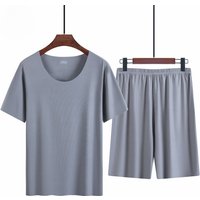 Summer Ice Silk Men Sleepwear Set Two Pieces Seamless Round Neck Top Thin Elasticity Shorts Homewear Men Clothing