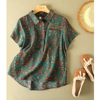 Vintage Floral Print Women's Shirt Summer Fashion Short Sleeve Pocket Loose Casual Blouse Female Comfortable Soft Thin Daily Top