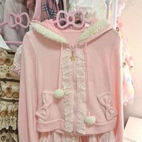 Japanese Sweet Pink Plush Collared Hooded Polka Dot Hairball Drawstring Cardigan Zipper Lace Stitching Bow Jacket
