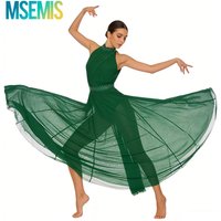 Womens Shiny Rhinestone Gymnastics Artistic Figure Skating Costume Flowy Tulle Waltz Gown Lyrical Ballet Dance Maxi Dresses
