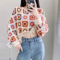 Women Granny Square Crochet Top with Tassel Batwing-sleeve Fringed Open Knit Pullover Boho Festival Tops Spring Summer 2026