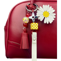 Leather Daisy Keychain with Silver Clover Charm & Tassel, Elegant Floral Bag Accessory for Keys, Purse, Gift-PU Leather