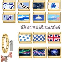 New Vintage Blue Series Blueberry Sakura Star Moon Golden Italian Charm Links Fit 9MM Stainless Steel Bracelet DIY Making Gift