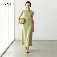 Amii Women's Dress 2026 Summer New Round Neck Cutout Pleated Acetate Sleeveless Elegant Flowy Long Dress For Women 12652065