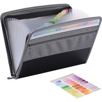 1-Pack Accordion-Style Expandable File Bag, A4 File Organizer, 13 Pockets, with Adhesive Tags, Project Folder