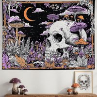 VIKAMA Gothic Skull Mushroom Tapestry Purple Orange Plant Crescent Moon Starry Sky Wall Hanging for Witchy Bedroom Dorm Decor