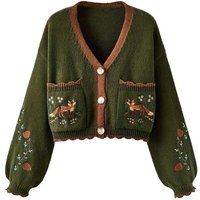 Green Fox Embroidery Long Sleeve V-neck Cropped Open Front Cardigan