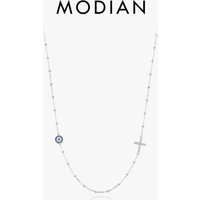 MODIAN Simple Cross Beads Necklace Real 925 Sterling Silver Blue Zirconia Eye Link Chain Necklaces For Women Party Fine Jewelry