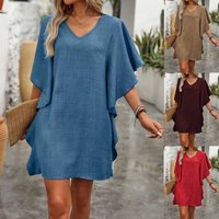 Summer Linen V-Neck Loose Dress, Casual Cape Sleeve Solid Color Vacation Short Tunic Dress