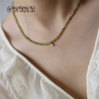 French Gradient Olive Green Zircon Collarbone Chain Necklace for Women Shiny CZ Pendant Stainless Steel Jewelry