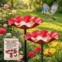 Handmade Metal Flower Bee Water Feeder Resin Flower Drinking Fountain Holder Garden Stake with Bee Bath Bird Water Bowl Decor