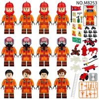 M8253 Building Block Type Blue Sky Fire Rescue Team Miniature Stretcher Wheel Children Small Particles Building Block Toys