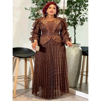 Elegant Women Party Dresses Long Sleeve Lace Pleated Dress Luxury Diamond Evening Gowns African Clothing Birthday Wedding Robes