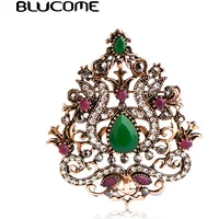 Blucome Vintage Women Decoration Brooches Party Dress Hair Accessories Green Water Drop Resin Crown Corsage Pin Headwear Jewelry
