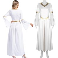{YiNuo}Women Angel Dress Cosplay Costume Sleeve Gold Trim Church Choir Worship Clothes Halloween Theme Party Disguise Costume