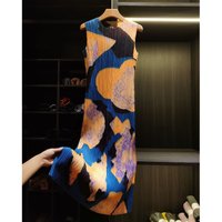 Miyake Pleated Dresses 2026 Summer New Elegant Temperament Color-Block Print Pleats Dress High-End Slimming Long Dress Women
