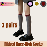 Japanese College-Style Women's Striped Color-Blocked Ribbed Knit Knee-High Socks