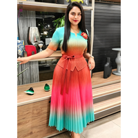 EGRM New Miyake Pleated Dresses For Women Elegant Gradient Tie-Dye Short Sleeve Belt Waist Slimming High Elasticity Skirt 9R5103
