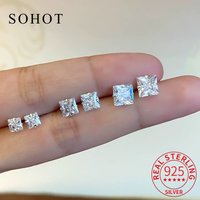 Real 925 Sterling Silver Zircon Minimalist 4/5/6MM Square Stud Earrings for Women Classic Fine Jewelry Exquisite Accessories