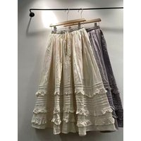 2026 Mori kei clothing spring Japanese style sweet elastic waist beige purple ruffled midi skirts pure cotton long boho skirts