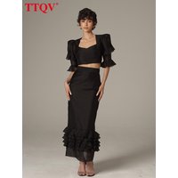 TTQV Summer Slim Black Skirt Set 2 Piece Woman 2026 Fashion Short Sleeve Crop Top With High Waist Long Skirt Set Female Clothing