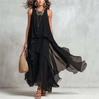 Black Sleeveless Irregular Chiffon Long Dress Stacked Ruffled Edges Sleeveless Vest Maxi Dresses Elegant Temperament For Women