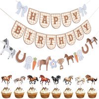 Horse Racing Party Hanging Banner Pony Birthday Party Supplies Cupcake Toppers Happy Birthday Banner Racing Horse Garland Decors