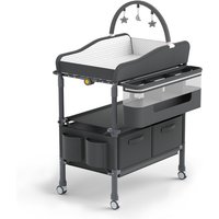 Multi-functional foldable with wheels and adjustable height diaper changing table for babies, combined with a bathing unit.