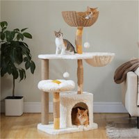 Arbre à chat moderne pour chats d'intérieur, tour à chat en bois massif avec condo de luxe, hamac confortable, poste à gratter, lit à fleurs, jouets pour chat
