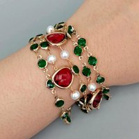 YYGEM 4 Strands Cultured White Pearl Green Crystal Rosary Chain Bracelet Beaded Jewelry