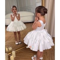Satin Flower Girl Dress Ivory Wedding Party Dress for Little Girls Mini Toddler Pageant Ball Gowns Square Communion Dresses