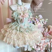 Sweet Mint Pink Halter Lolita JSK Corset Dress Lace Ruffle Tiered Tulle Skirt Flower Bow Princess Tea Party Mini Dress