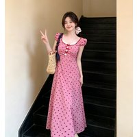 Red Polka Dot Lace Splice High Waist Summer New Style Sweet Holiday Long Dress Trendy Korean Style A-Line Skirt Short Sleeve