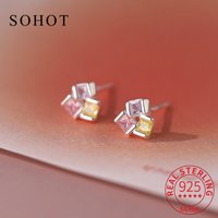 Real 925 Sterling Silver Zircon Colorful Square Stud Earrings for Charming Women Fine Jewelry Exquisite Party Accessories