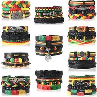 Boho Reggae Multilayer Leather Bracelets Set for Men Women Rasta Color Braided Beaded Stack Vintage African & Motorcycle Jewelry