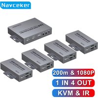 200m 1x4 HDMI & USB 1080P Extender over IP RJ45 KVM Transmitter Receiver via Cat5e Cat6 Ethernet Cable with Loop Out IR Support