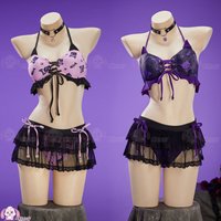 Kawaii Gothic Cat Split Halter Swimsuit Black Pink Purple Light Y2K Cute Bikini Set