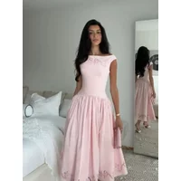 Pink Off Shoulder Midi Dress Women Floral Embroidery High Waist Pleated Swing A Line Vintage Tea Length Party Casual Dress